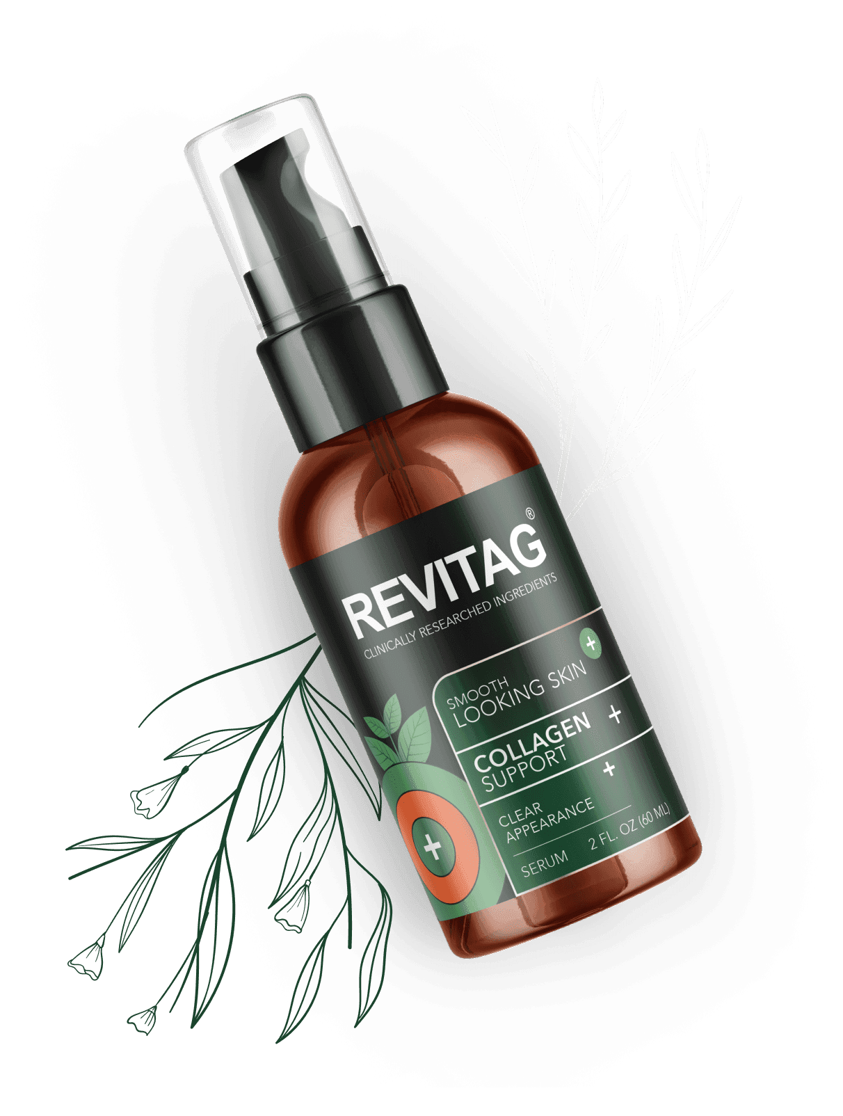 RevitaG serum bottle with collagen support and plant illustrations on a dark background.