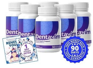 Dentavim supplement bottles with booklets and a 90-day money-back guarantee badge.
