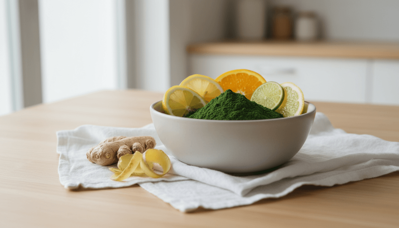 Ceramic bowl of dark green superfood powder with citrus slices and ginger on a linen napkin, morning window light