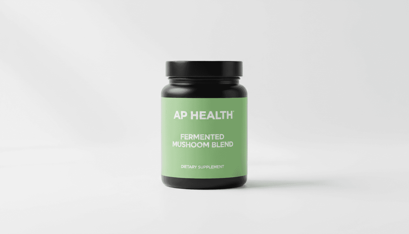 Black jar of AP Health Fermented Mushroom Blend dietary supplement with a light green label.