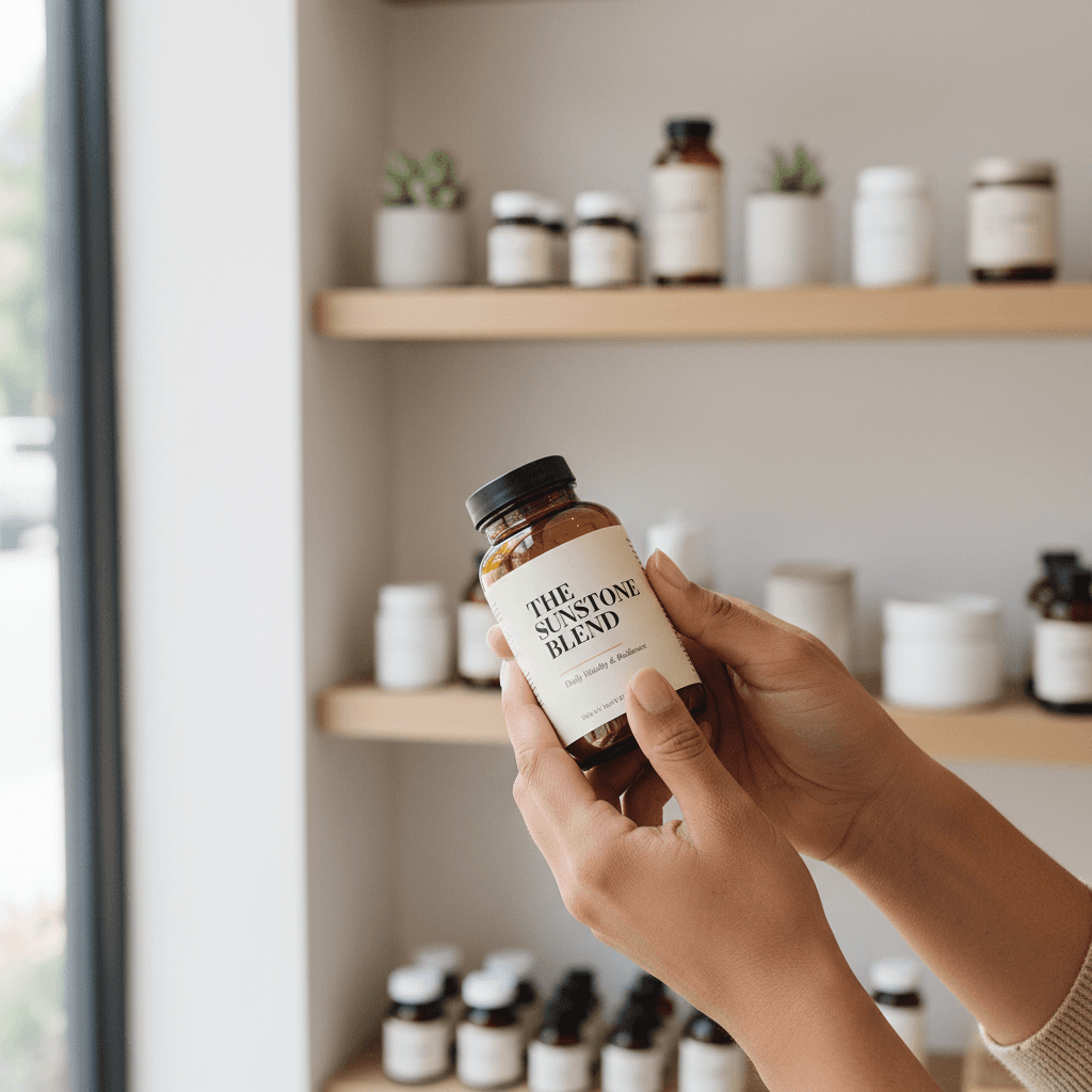 Hands opening a daily vitamin bottle on a wooden table