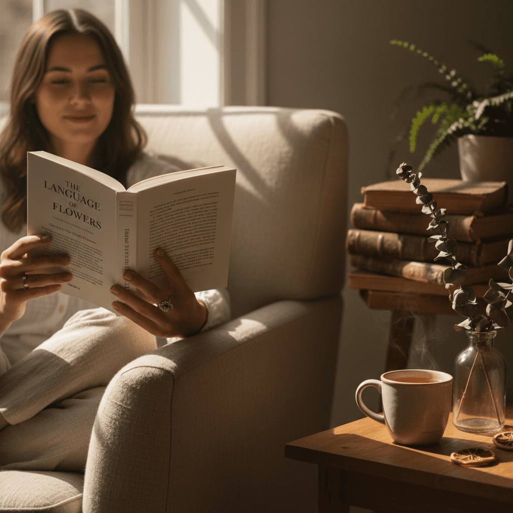 Woman reading a supplement label in a bright living room