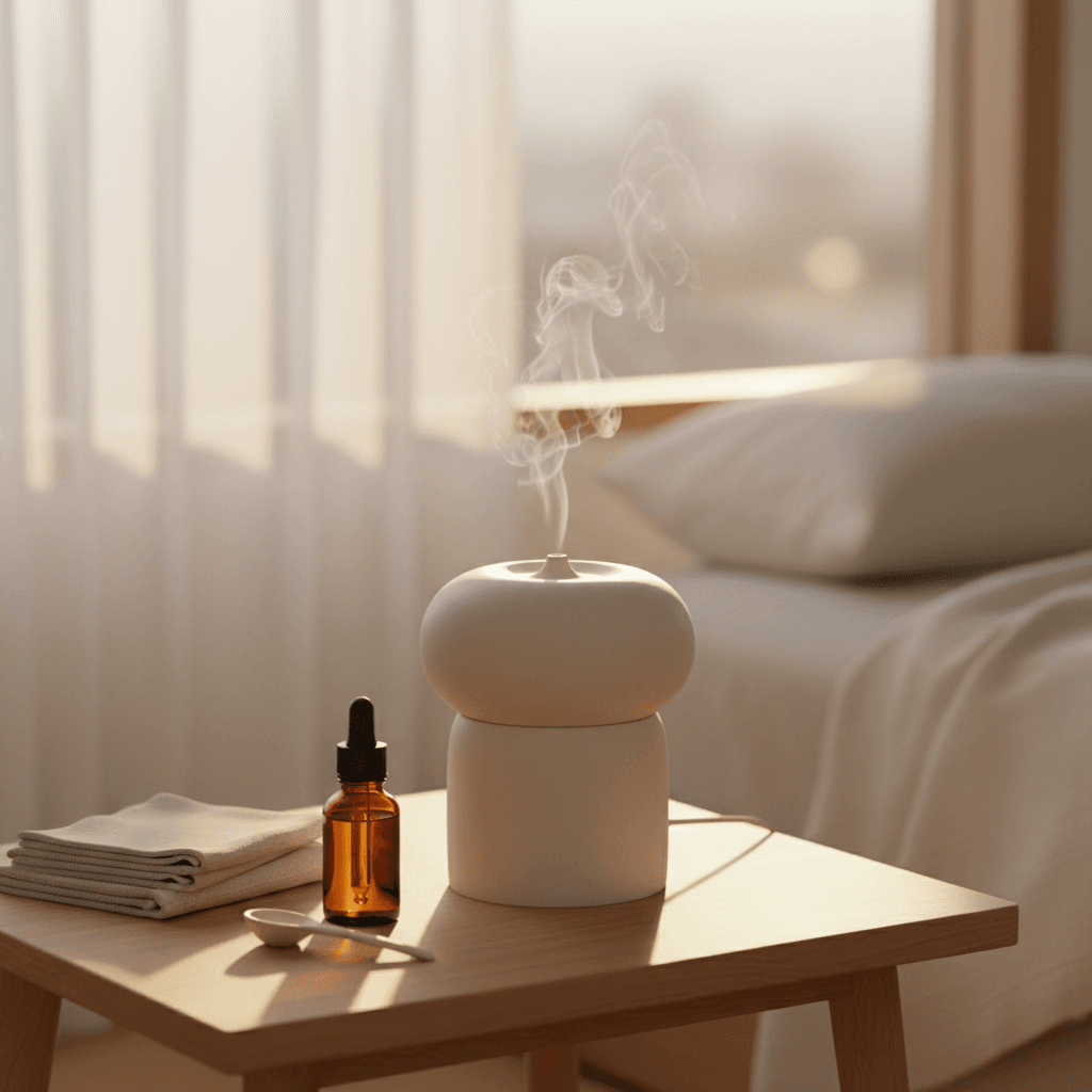 Amber glass bottle of nighttime herbal capsules on a linen nightstand beside a ceramic mug, warm low lamplight, quiet editorial still life.