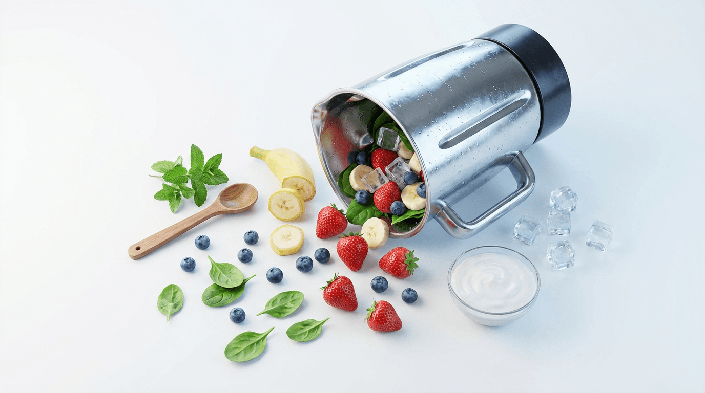 Woman mixing a green smoothie in a bright kitchen