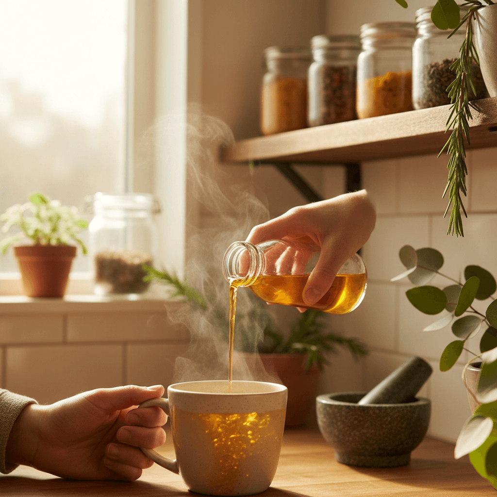 Hands holding a jar of superfood powder with soft morning kitchen lighting